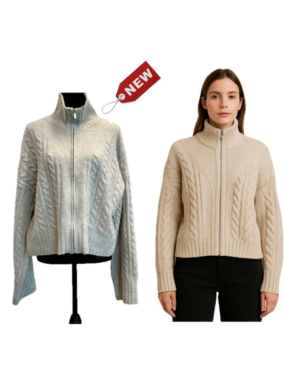William Rast sand beige gray cableknit long sleeve high neck sweater full zip